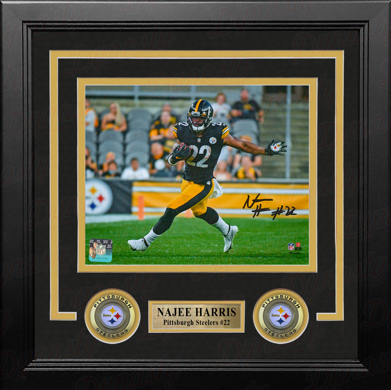 Najee Harris in Action Pittsburgh Steelers Autographed Framed Football Photo - Dynasty Sports & Framing 