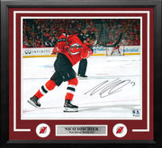 Nico Hischier Shooting Action New Jersey Devils Autographed 16" x 20" Framed Hockey Photo - Dynasty Sports & Framing 