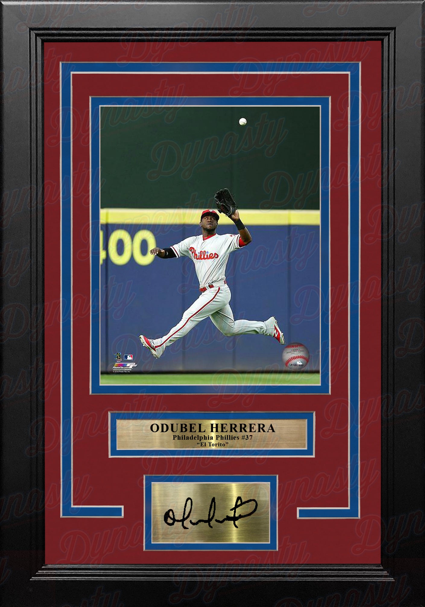 Odubel Herrera Philadelphia Phillies Jump Catch MLB Baseball Framed Photo with Engraved Autograph - Dynasty Sports & Framing 