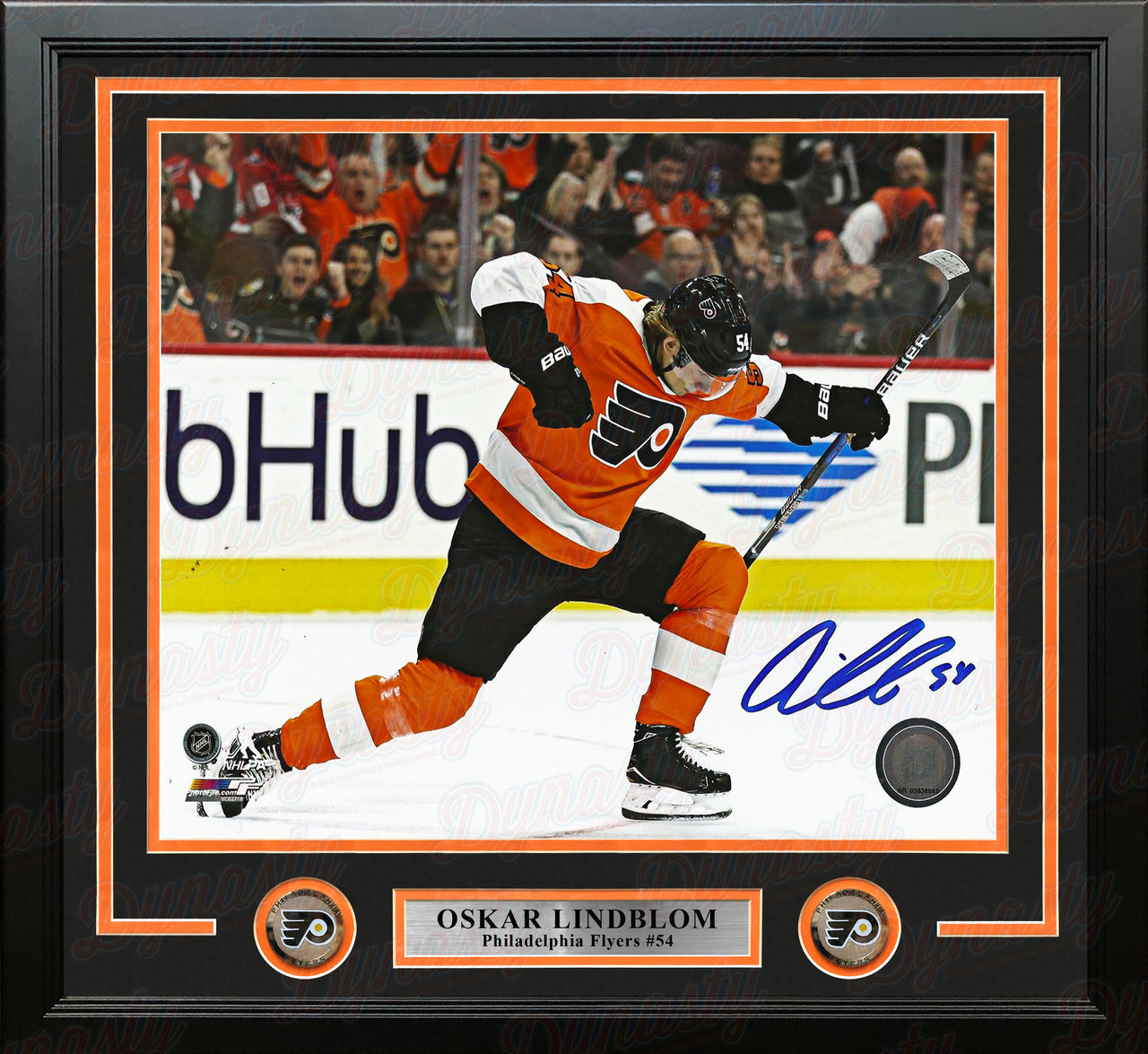 Oskar Lindblom First Goal Celebration Philadelphia Flyers Autographed Framed 16" x 20" Hockey Photo - Dynasty Sports & Framing 