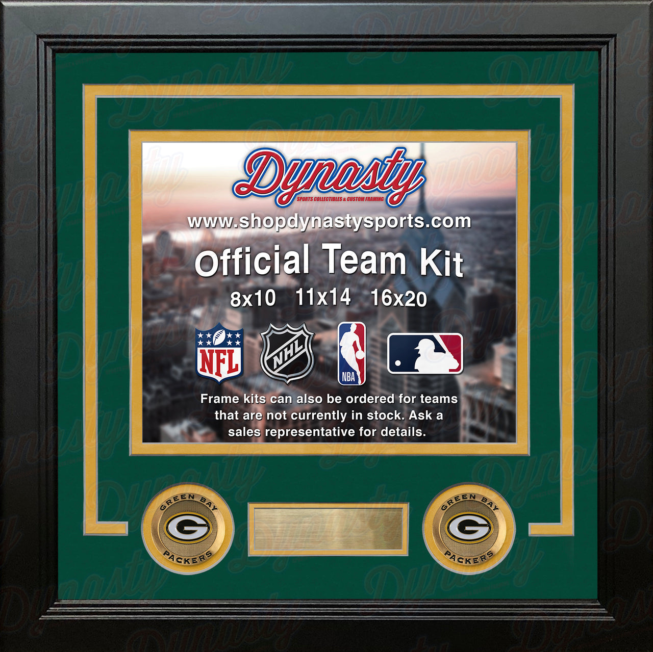 NFL Football Photo Picture Frame Kit - Green Bay Packers (Green Matting, Yellow Trim) - Dynasty Sports & Framing 