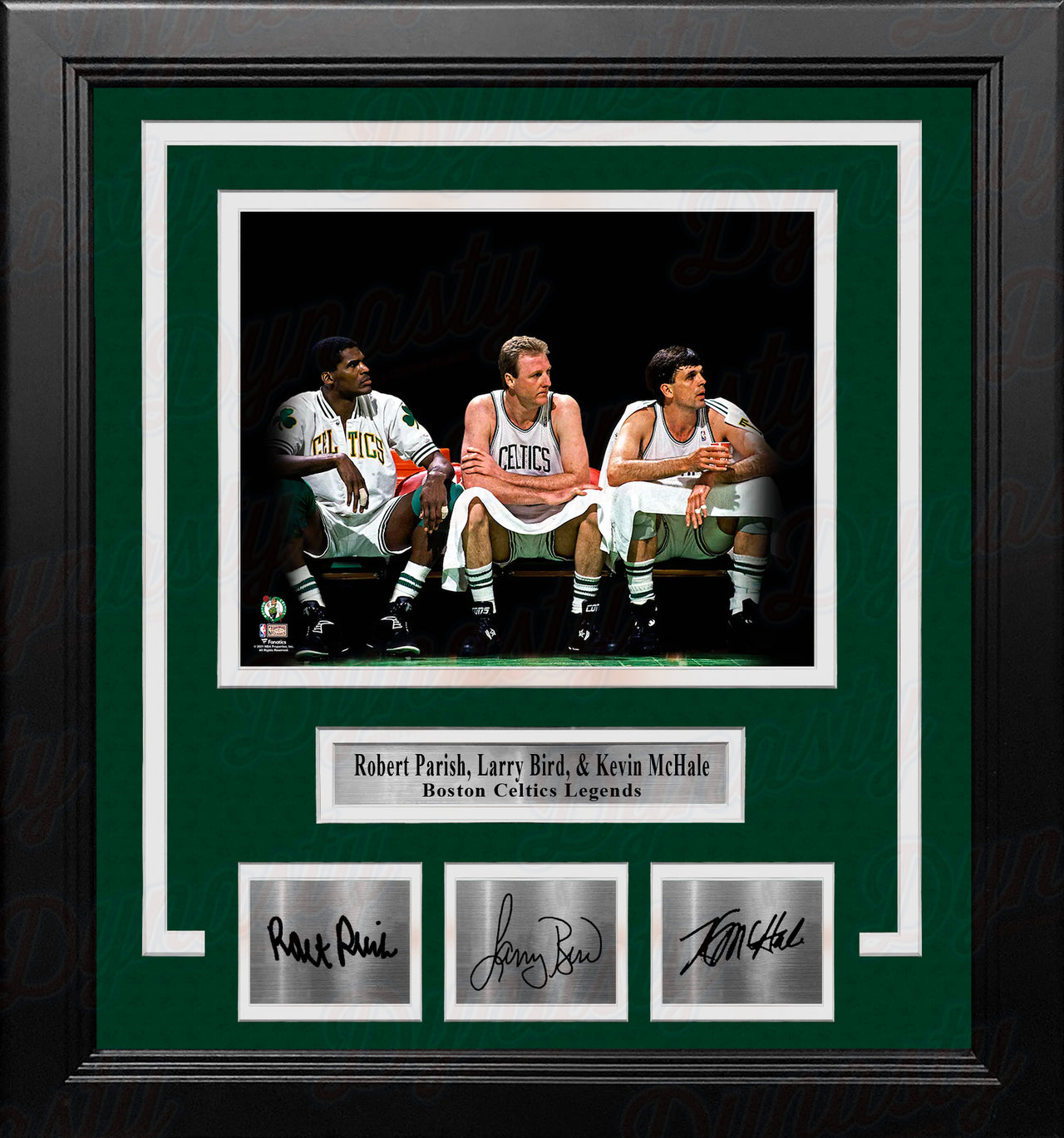 Robert Parish, Larry Bird, & Kevin McHale Boston Celtics 8x10 Framed Photo with Engraved Autographs - Dynasty Sports & Framing 