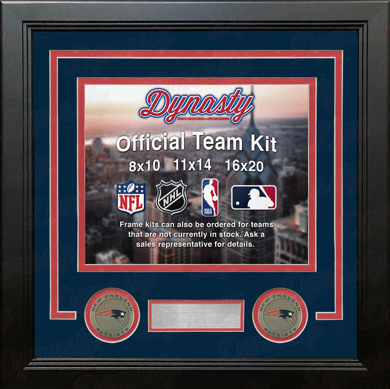 NFL Football Photo Picture Frame Kit - New England Patriots (Navy Matting, Red Trim) - Dynasty Sports & Framing 