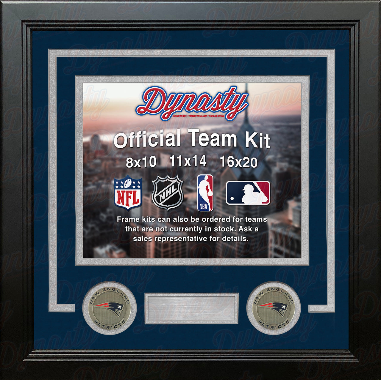 NFL Football Photo Picture Frame Kit - New England Patriots (Navy Matting, Silver Trim) - Dynasty Sports & Framing 