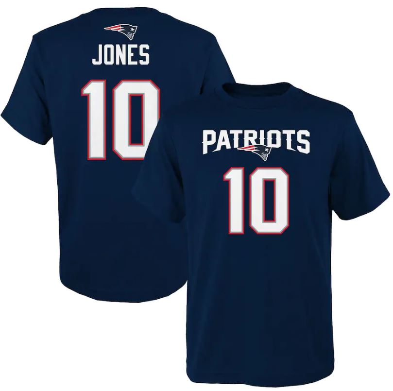 Mac Jones New England Patriots Youth Mainliner Player Name & Number T-Shirt - Navy - Dynasty Sports & Framing 