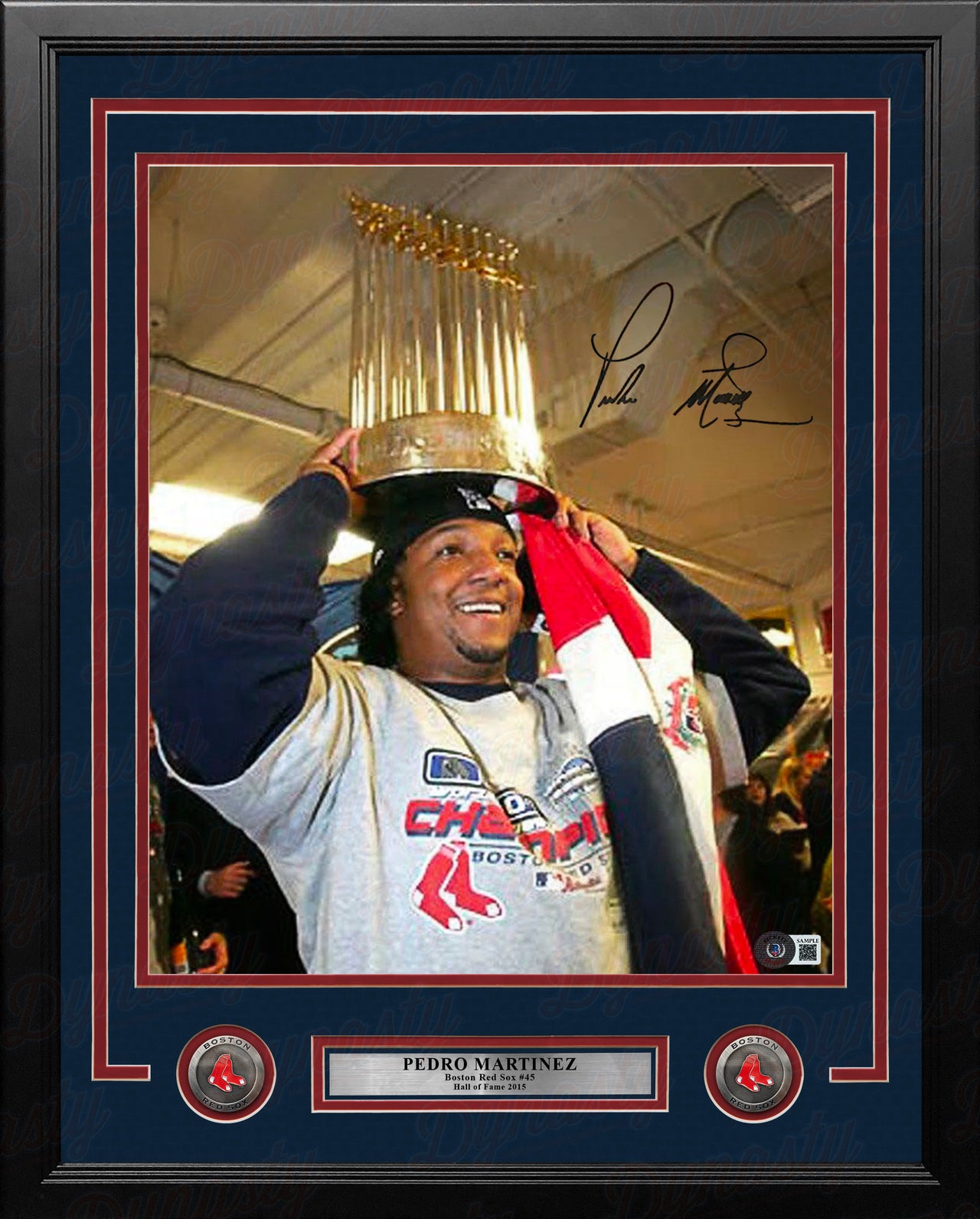 Pedro Martinez 2004 WS Trophy Boston Red Sox Autographed Framed Photo - Beckett Certified - Dynasty Sports & Framing 