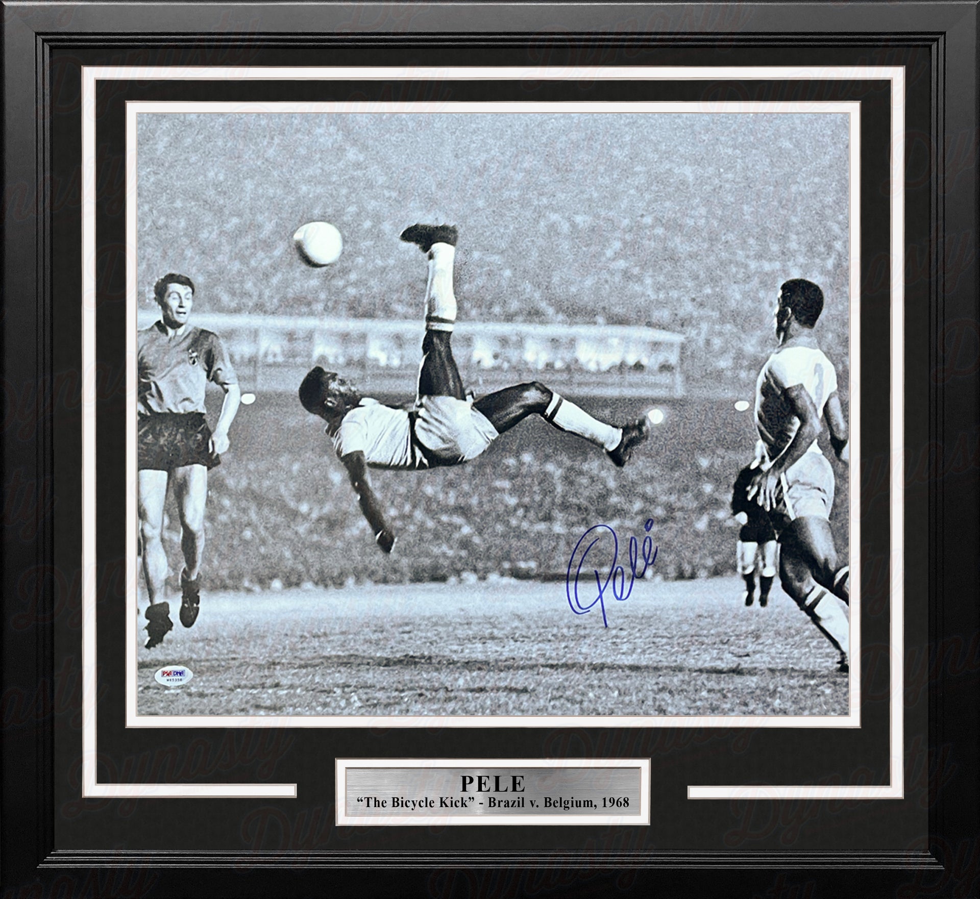 Pele Bicycle Kick, Brazil v. Belgium Autographed Soccer 16" x 20" Framed and Matted Photo - Dynasty Sports & Framing 