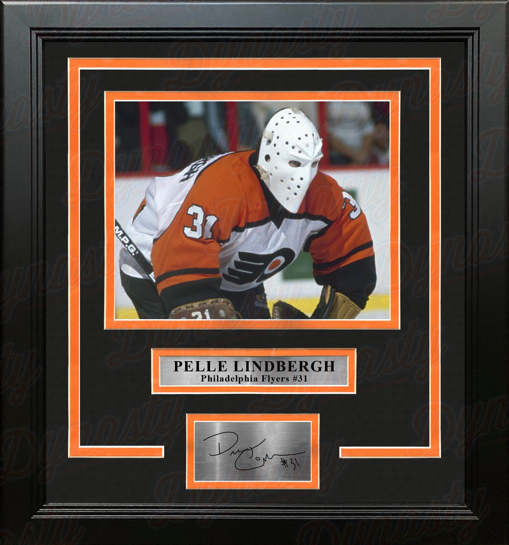 Pelle Lindbergh in Action Philadelphia Flyers Framed Hockey Photo with Engraved Autograph - Dynasty Sports & Framing 