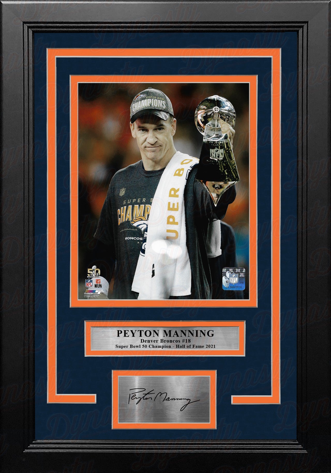 Peyton Manning Super Bowl Trophy Denver Broncos 8x10 Framed Football Photo with Engraved Autograph - Dynasty Sports & Framing 