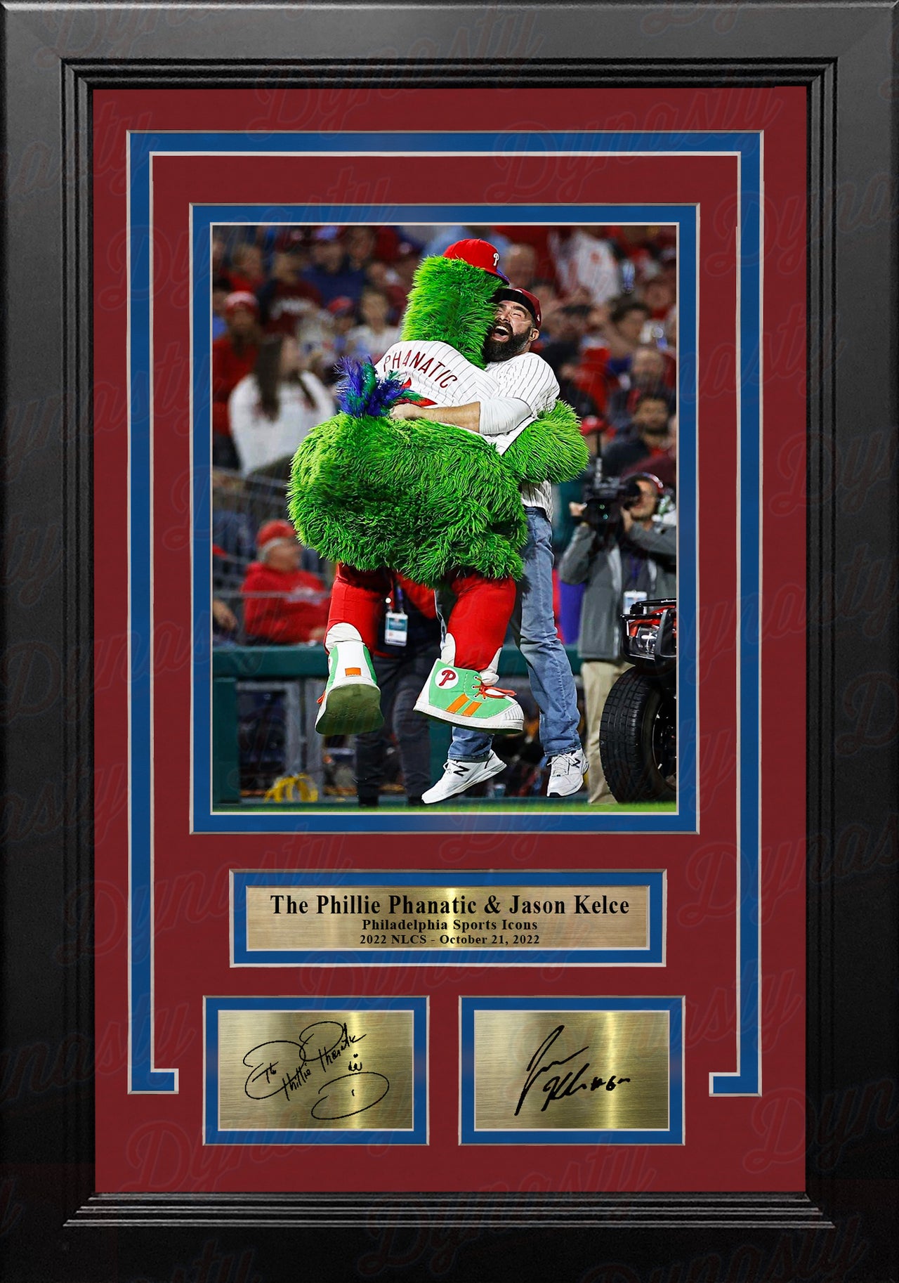 The Phillie Phanatic & Jason Kelce Rally the Phillies Framed Baseball Photo with Engraved Autographs - Dynasty Sports & Framing 