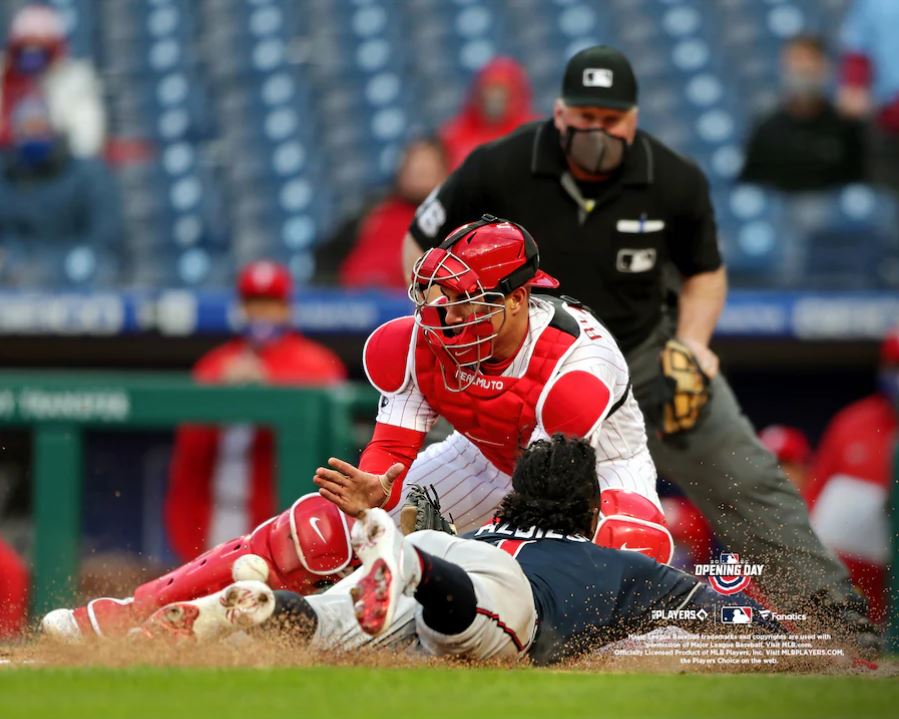 JT Realmuto Play at the Plate Philadelphia Phillies 8" x 10" Baseball Photo - Dynasty Sports & Framing 
