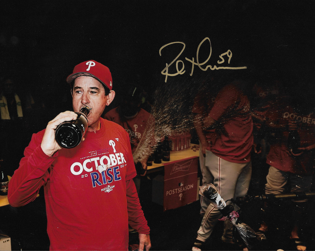 Rob Thomson 2022 NL Champions Locker Room Celebration Philadelphia Phillies Autographed 11x14 Photo - Dynasty Sports & Framing 