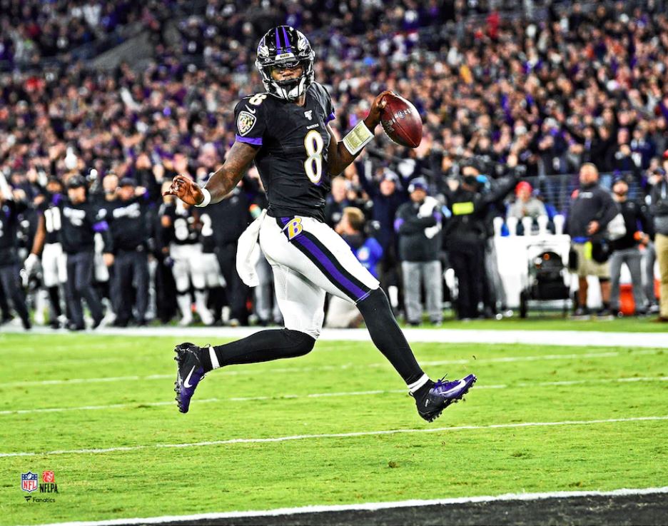 Lamar Jackson High-Stepping Touchdown Baltimore Ravens 8" x 10" Football Photo - Dynasty Sports & Framing 