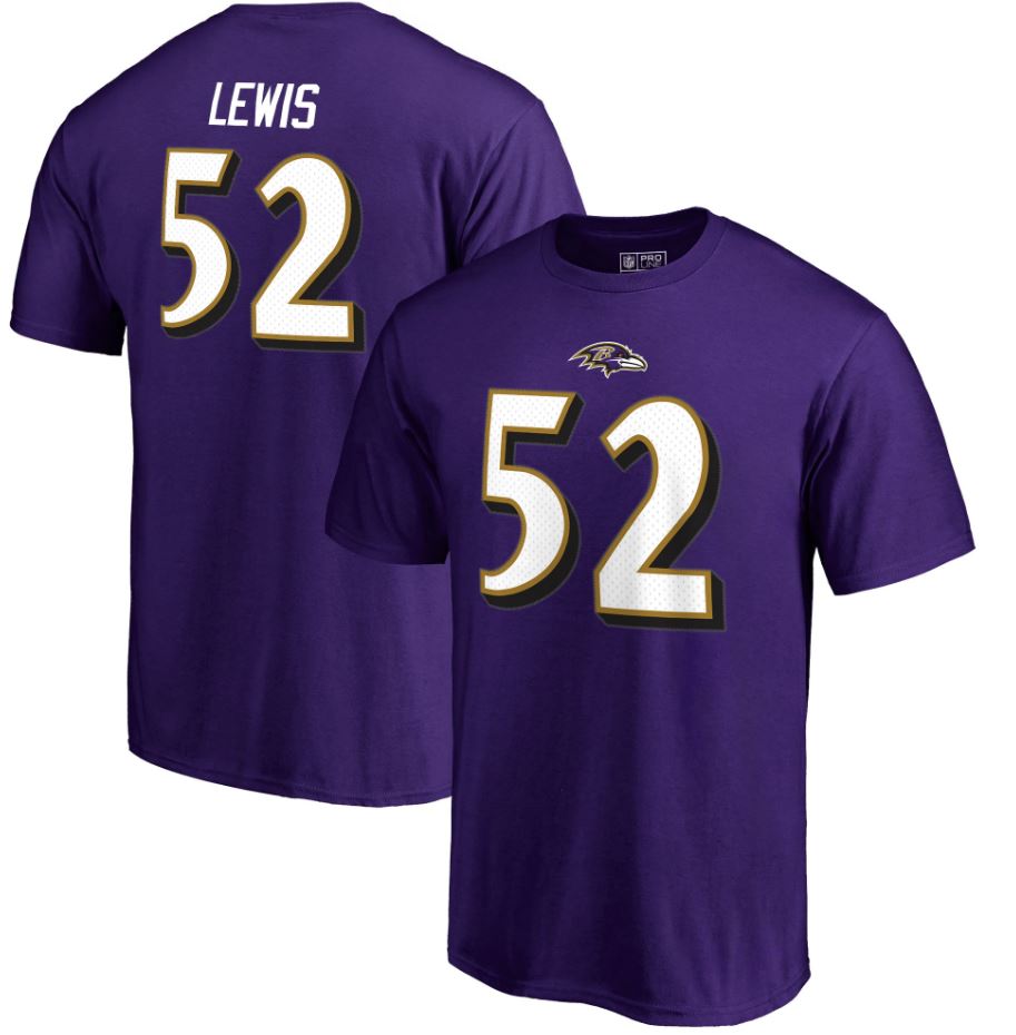 Ray Lewis Baltimore Ravens NFL Pro Line Retired Player Authentic Stack Name & Number Purple T-Shirt - Dynasty Sports & Framing 