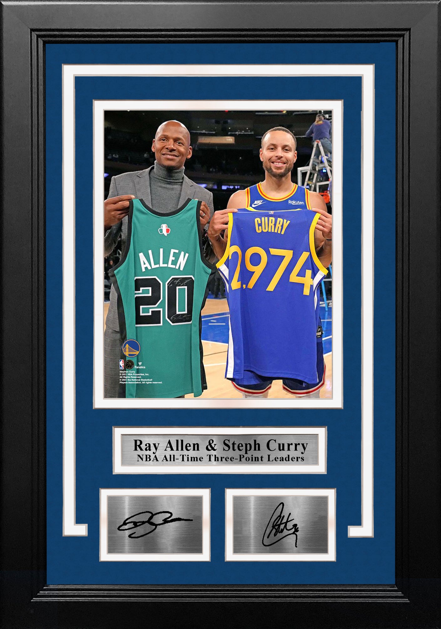 Ray Allen & Steph Curry 3-Point Record-Breaking Celebration 8" x 10" Framed Basketball Photo with Engraved Autographs - Dynasty Sports & Framing 