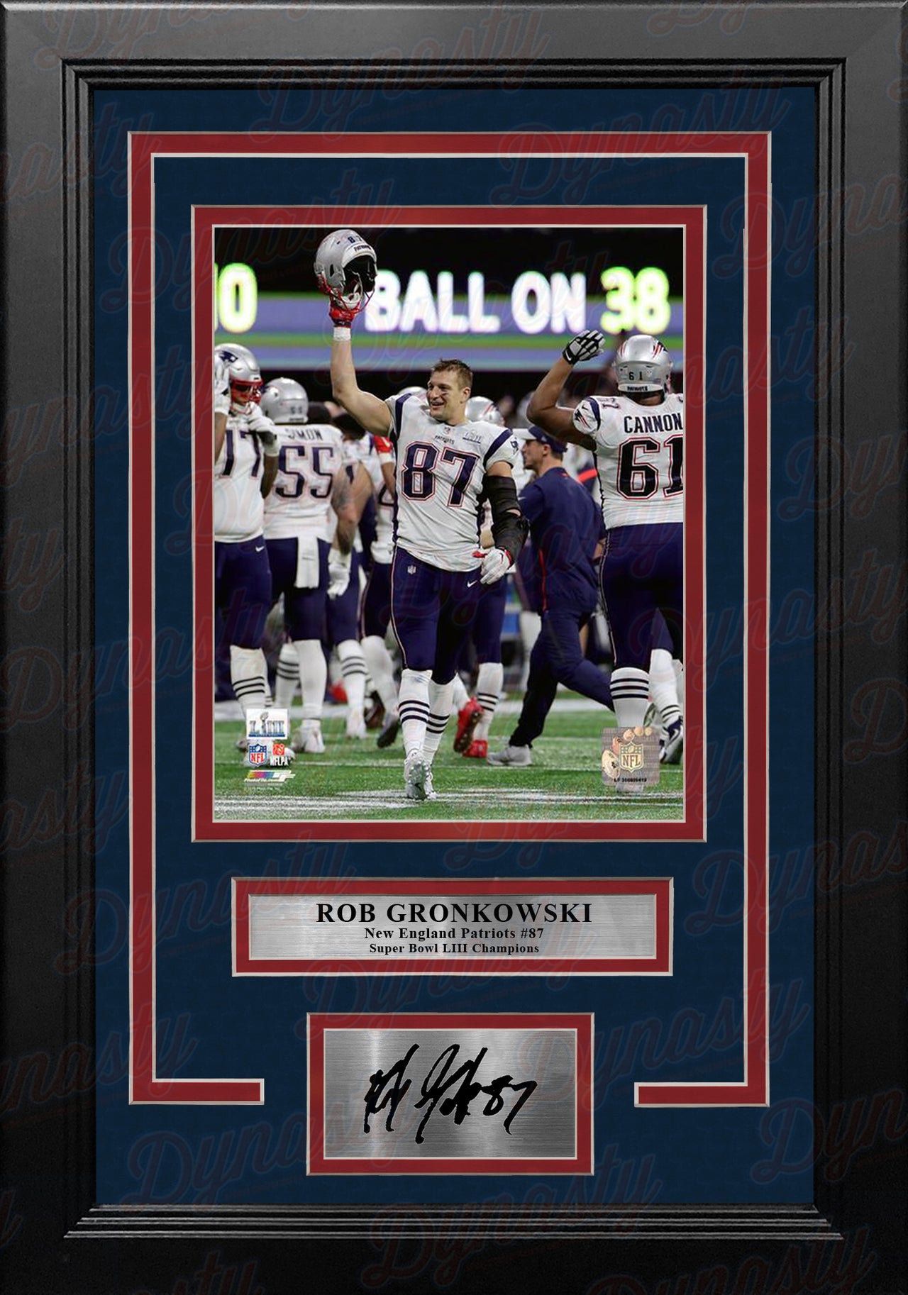 Rob Gronkowski Celebration SB LIII New England Patriots 8x10 Framed Photo with Engraved Autograph - Dynasty Sports & Framing 