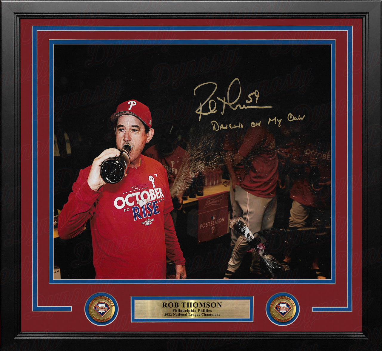 Rob Thomson '22 NL Champions Locker Room Phillies Autographed 16x20 Framed Photo (Dancing on my Own) - Dynasty Sports & Framing 