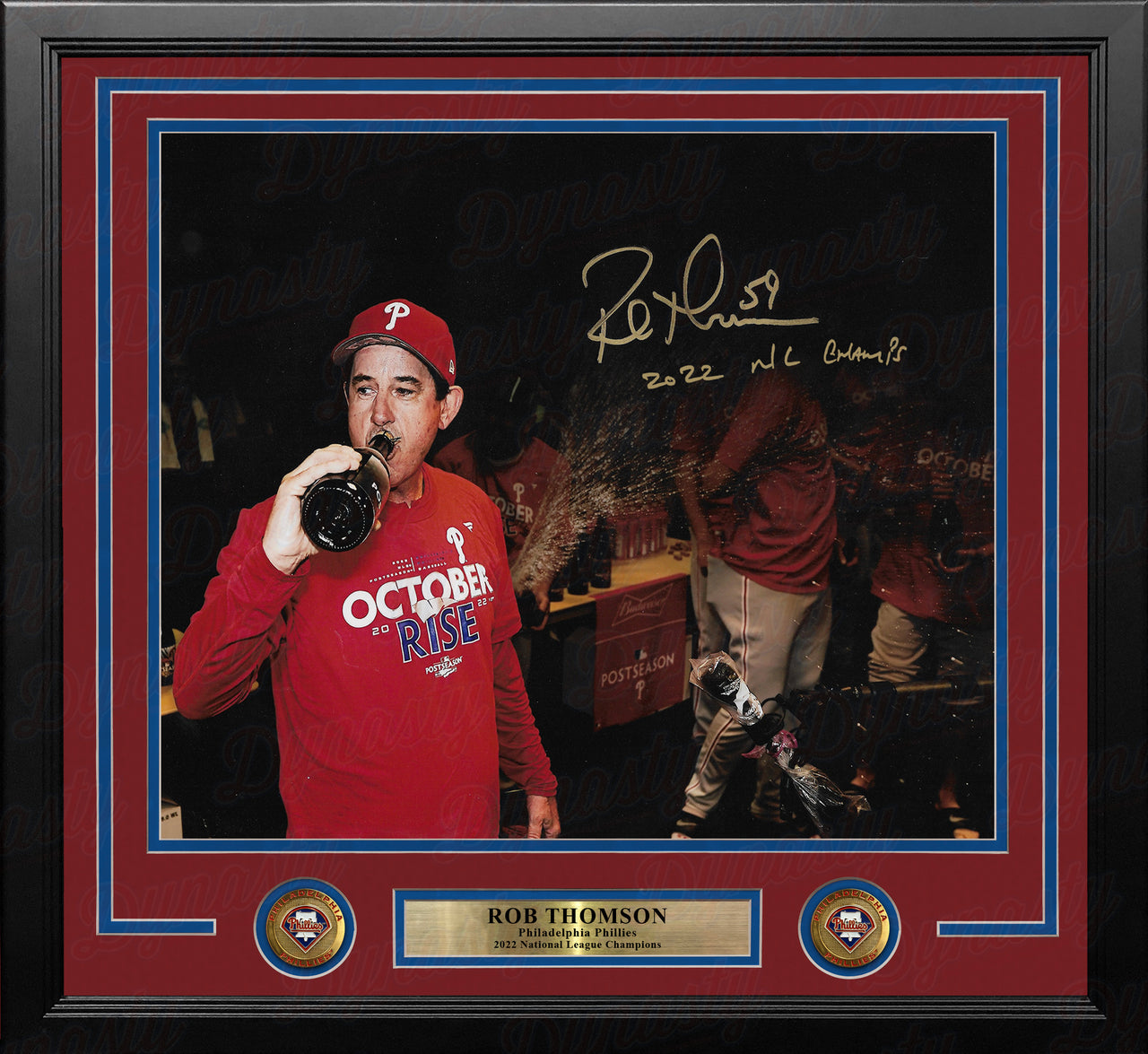 Rob Thomson 2022 NL Champions Locker Room Phillies Autographed 16x20 Framed Photo (NL Champs) - Dynasty Sports & Framing 