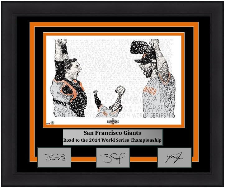 Madison Bumgarner, Pablo Sandoval, & Buster Posey San Francisco Giants 2014 World Series 16" x 20" Framed Word-Art Photo with Engraved Autographs - Dynasty Sports & Framing 