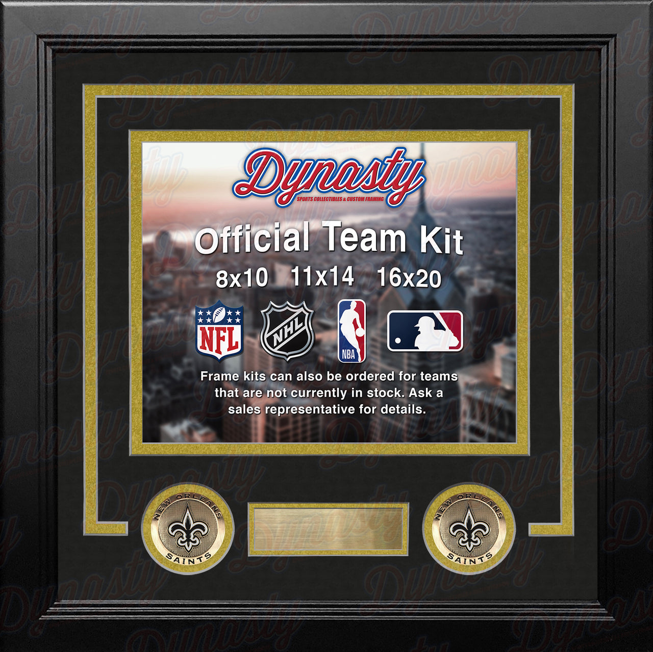 NFL Football Photo Picture Frame Kit - New Orleans Saints (Black Matting, Gold Trim) - Dynasty Sports & Framing 