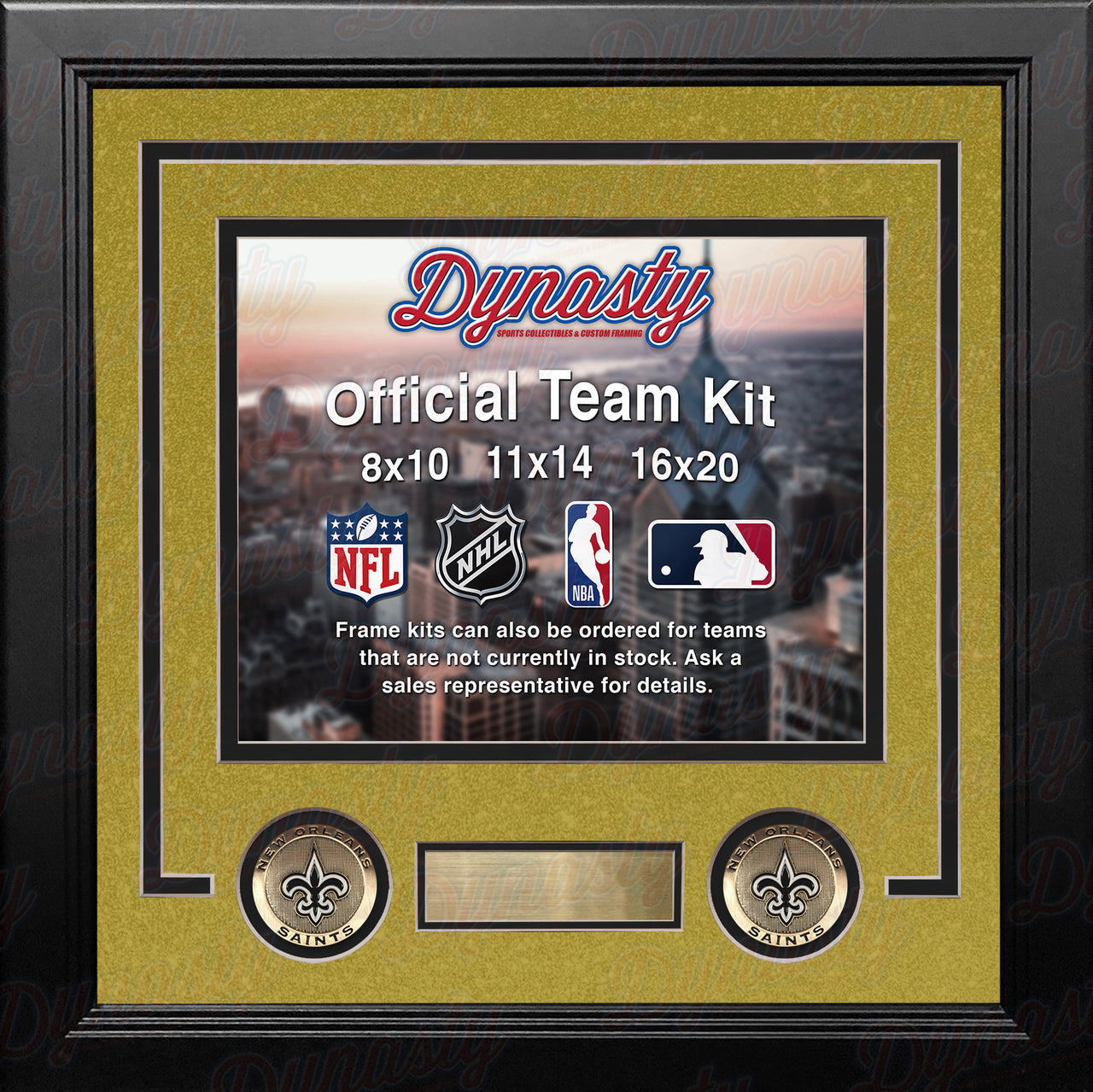 NFL Football Photo Picture Frame Kit - New Orleans Saints (Gold Matting, Black Trim) - Dynasty Sports & Framing 