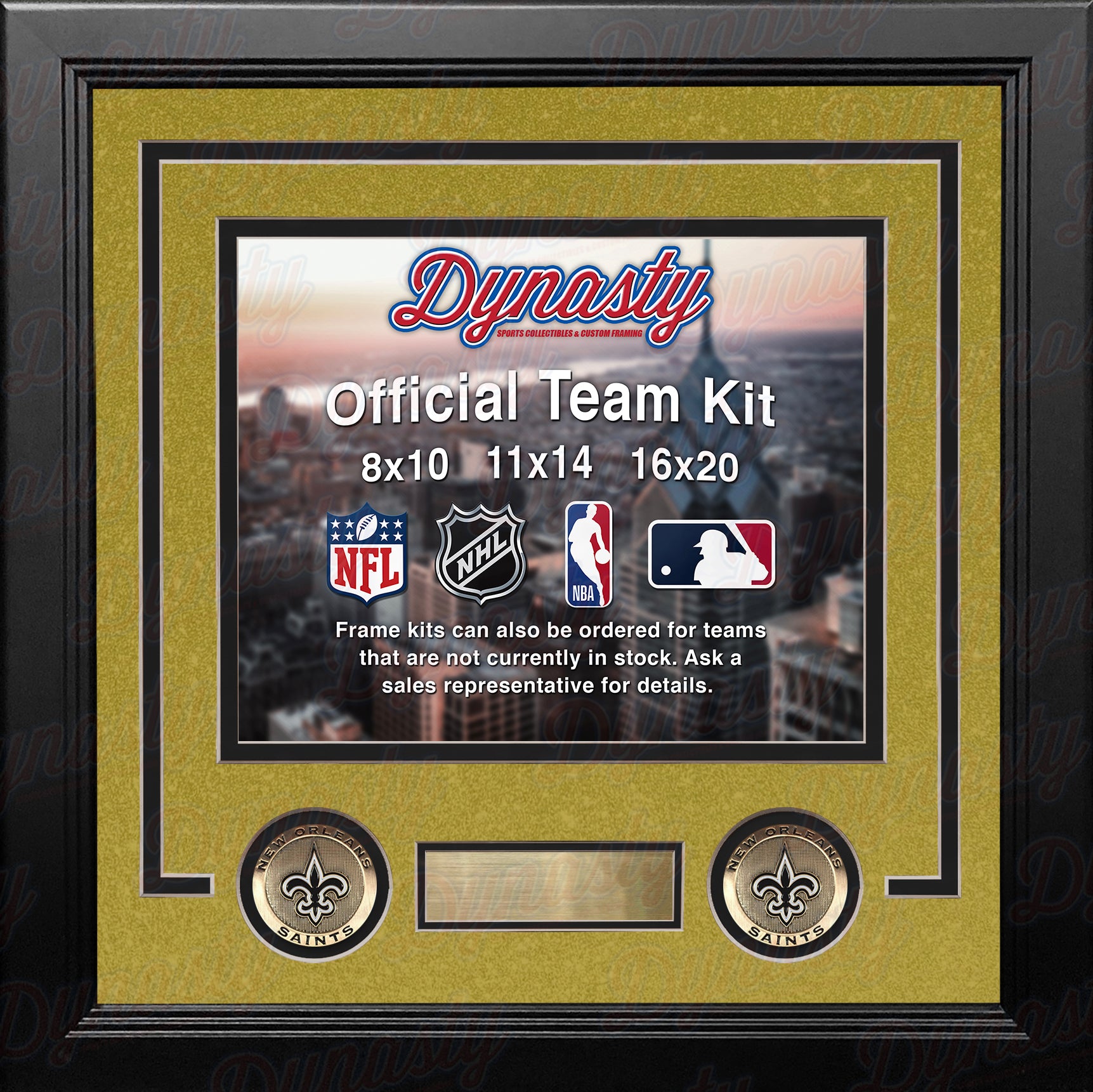 NFL Football Photo Picture Frame Kit - New Orleans Saints (Gold Matting, Black Trim) - Dynasty Sports & Framing 