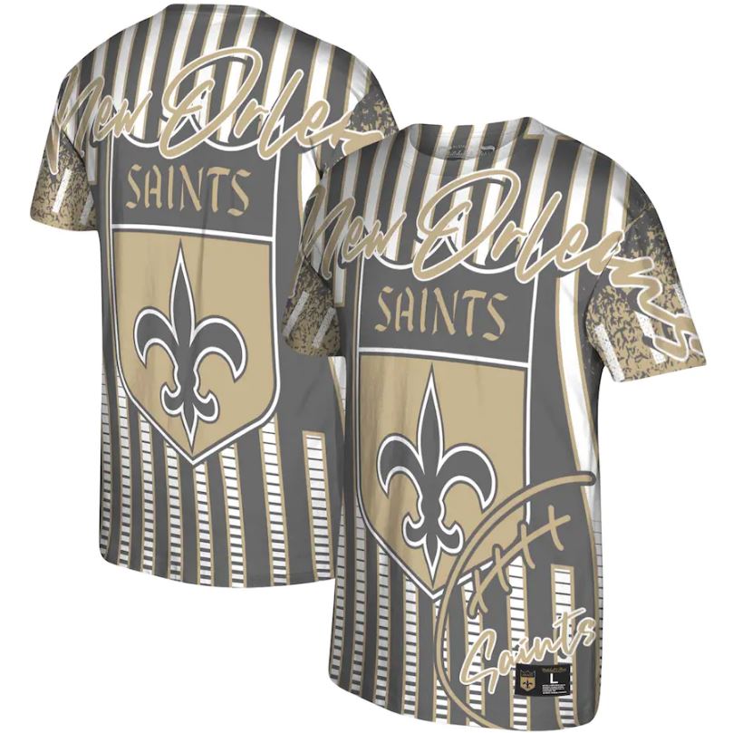 New Orleans Saints Mitchell & Ness Heather Black Jumbotron Historic Logo T-Shirt - Dynasty Sports & Framing 