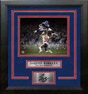 Saquon Barkley Blackout Hurdle New York Giants 8x10 Framed Football Photo with Engraved Autograph - Dynasty Sports & Framing 