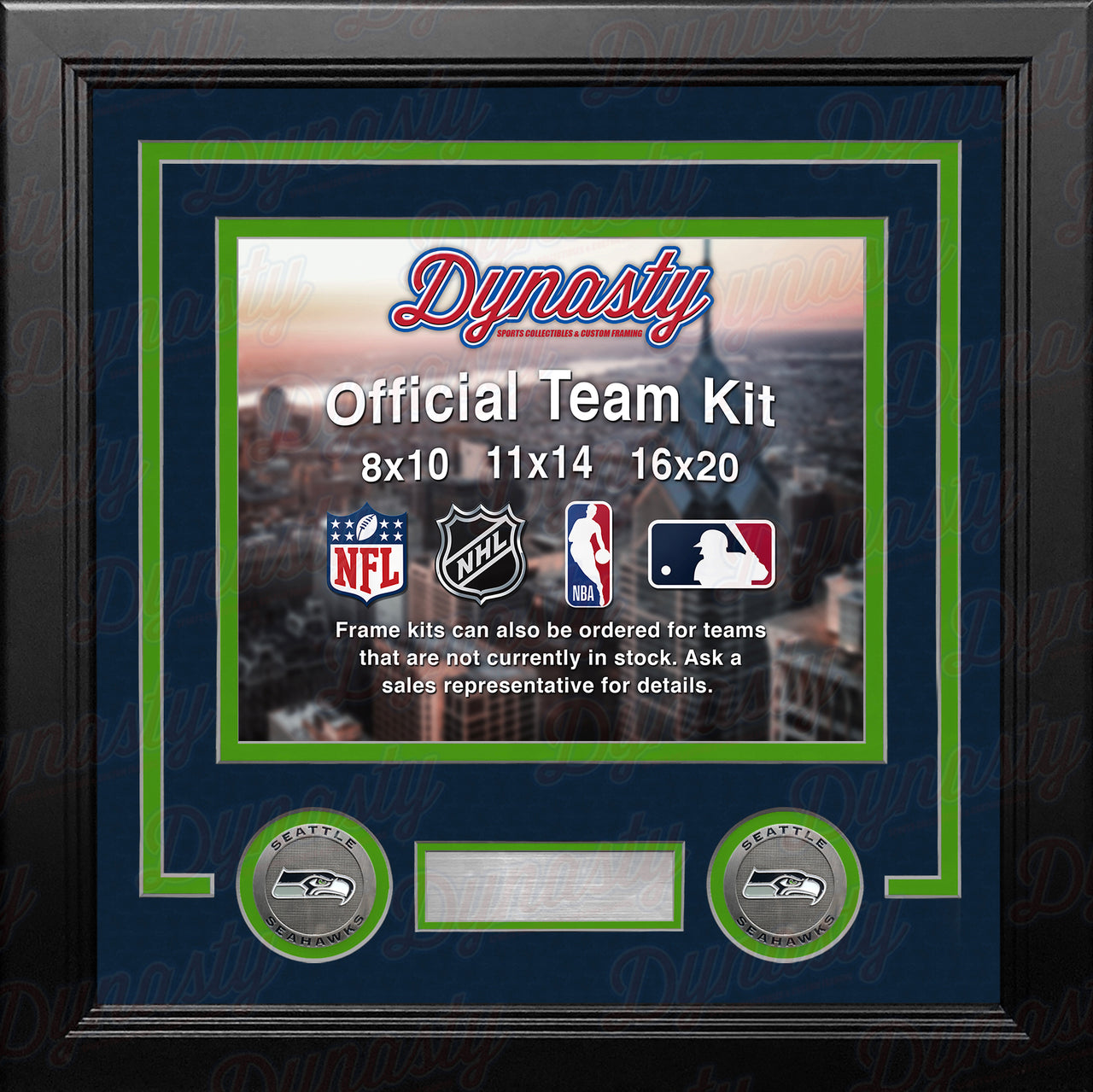 NFL Football Photo Picture Frame Kit - Seattle Seahawks (Navy Matting, Lime Trim) - Dynasty Sports & Framing 