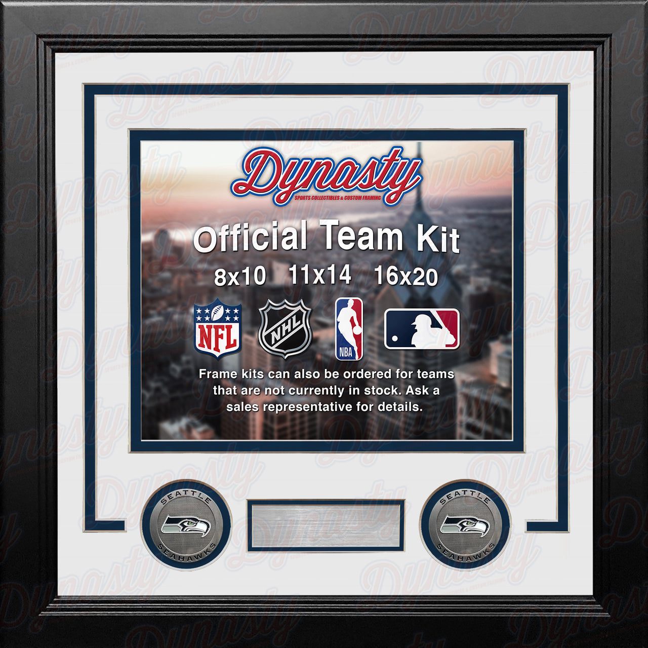 NFL Football Photo Picture Frame Kit - Seattle Seahawks (White Matting, Navy Trim) - Dynasty Sports & Framing 