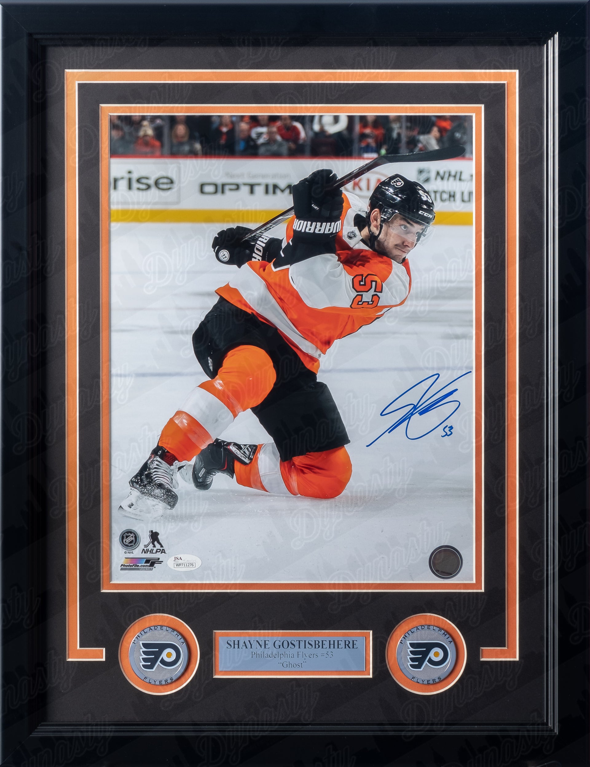 Shayne Gostisbehere Kneeling Slapshot Philadelphia Flyers Autographed Hockey Framed and Matted Photo - Dynasty Sports & Framing 