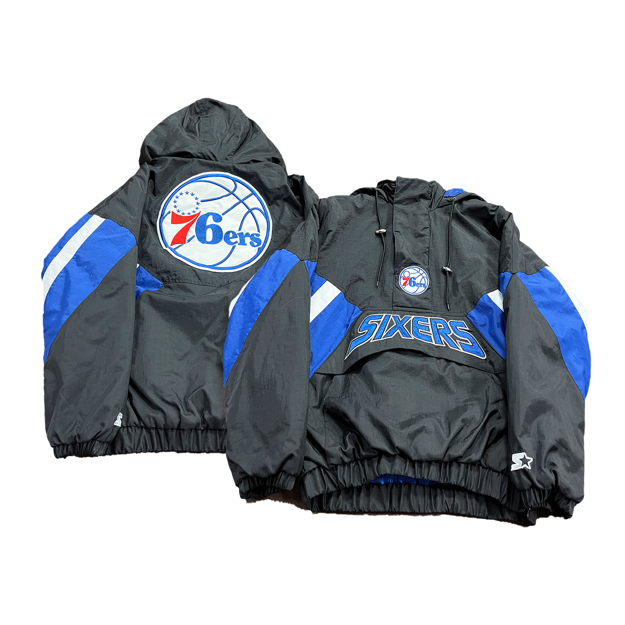 Philadelphia 76ers Throwback Black Starter Jacket - Dynasty Sports & Framing 