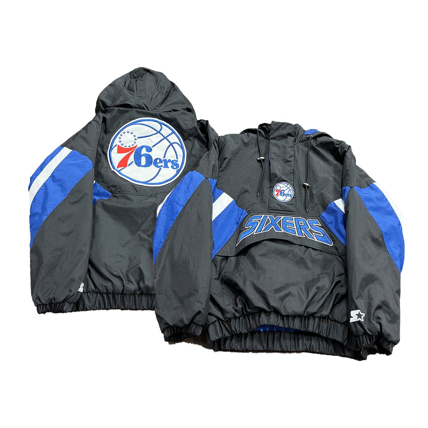 Philadelphia 76ers Throwback Black Starter Jacket - Dynasty Sports & Framing 