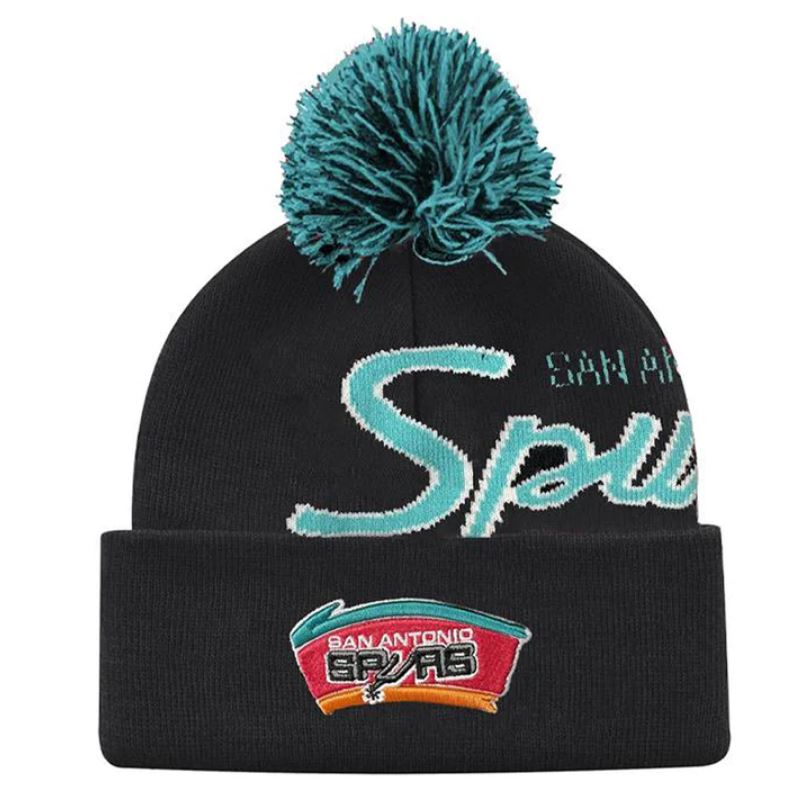 San Antonio Spurs Mitchell & Ness Script Burst Pom Knit Hat - Dynasty Sports & Framing 