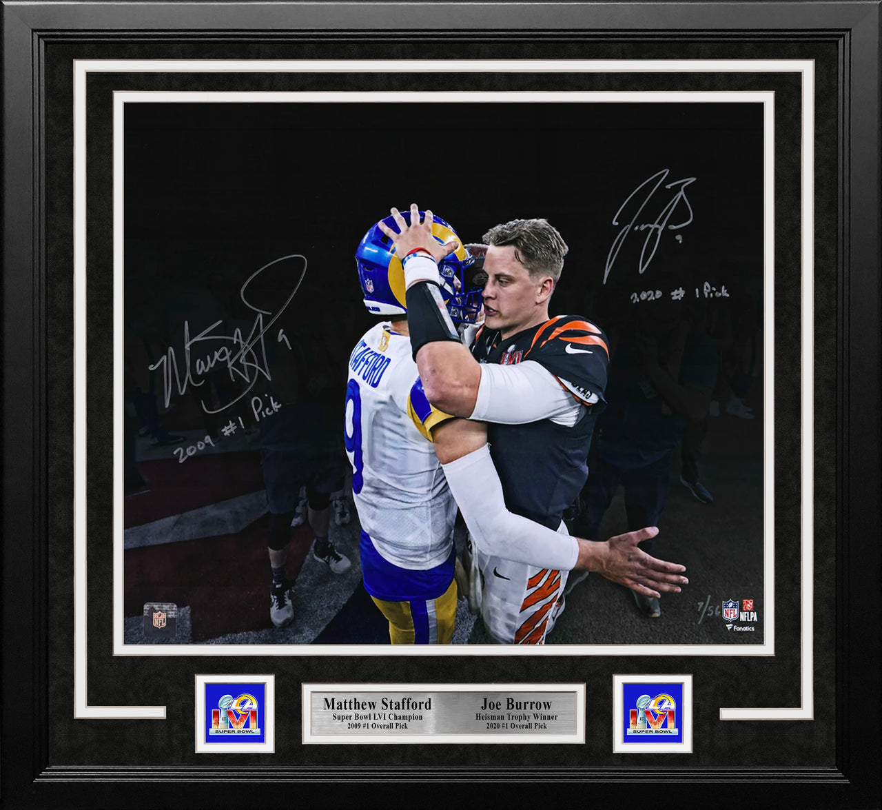 Matthew Stafford & Joe Burrow Autographed Super Bowl 16x20 Framed Football Photo Inscribed #1 Picks - Dynasty Sports & Framing 