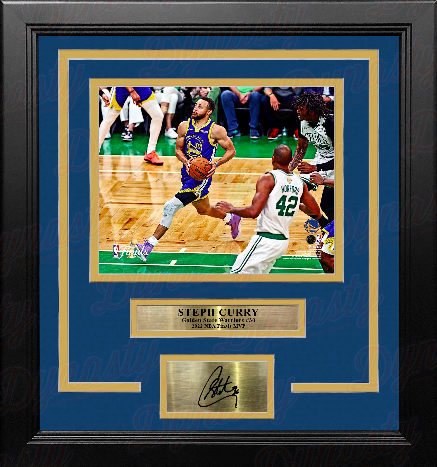 Steph Curry 2022 NBA Finals Action Golden State Warriors 8x10 Framed Photo with Engraved Autograph - Dynasty Sports & Framing 