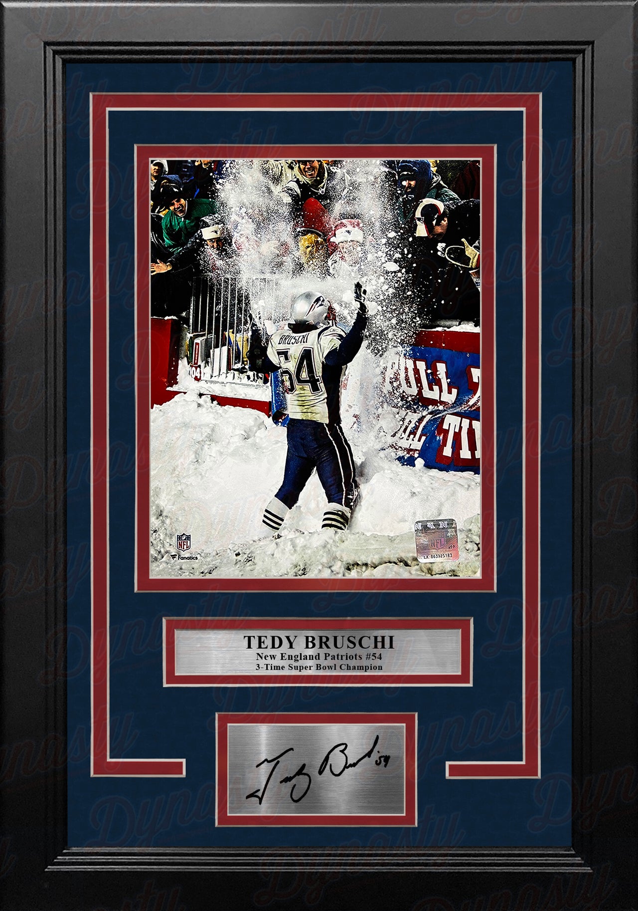 Tedy Bruschi Snow Game New England Patriots 8" x 10" Framed Football Photo with Engraved Autograph - Dynasty Sports & Framing 