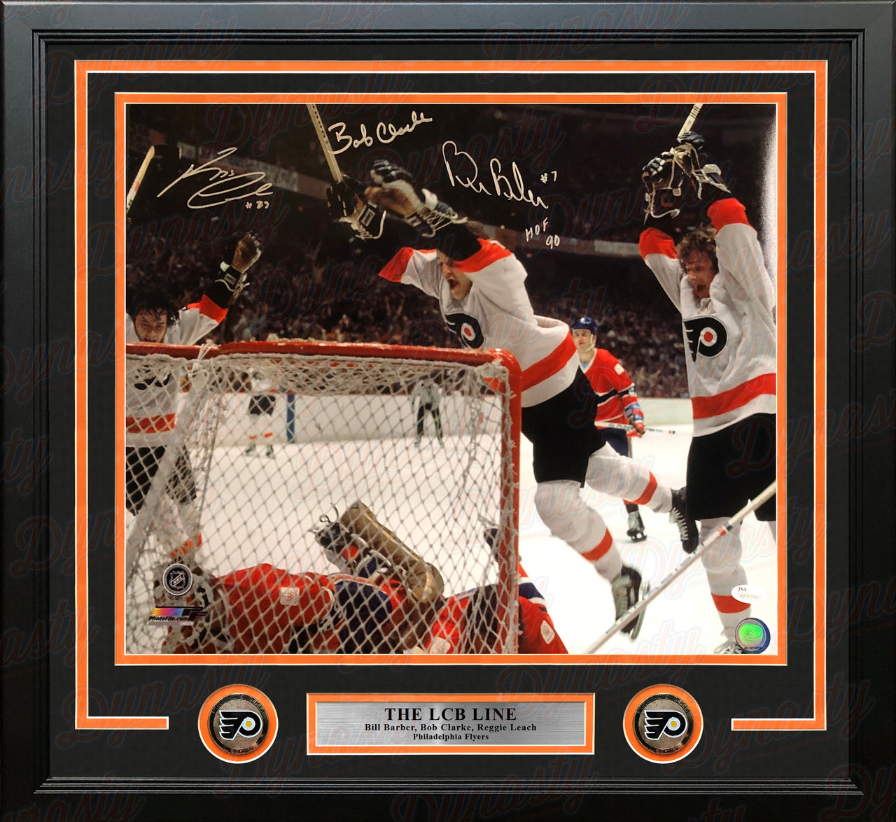 LCB Line (Bob Clarke, Bill Barber, Reggie Leach) Goal Flyers Autographed 16x20 Framed Hockey Photo - Dynasty Sports & Framing 