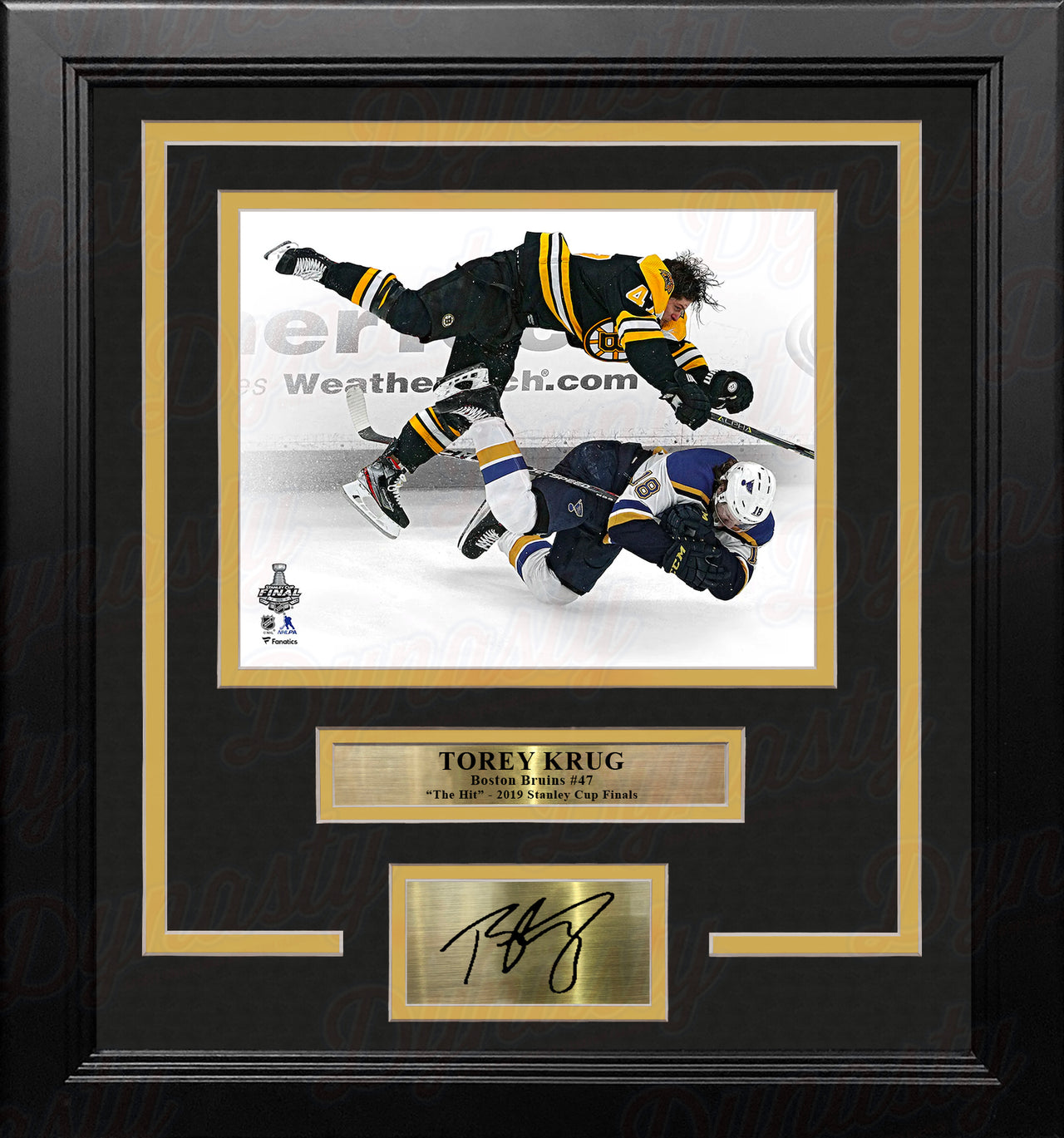 Torey Krug Boston Bruins 2019 Stanley Cup Finals Hit 8x10 Framed Photo with Engraved Autograph - Dynasty Sports & Framing 