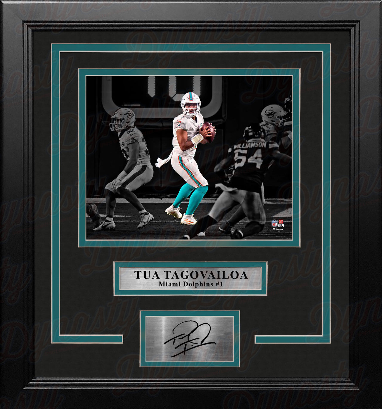 Tua Tagovailoa in Action Miami Dolphins 8x10 Framed Blackout Football Photo with Engraved Autograph - Dynasty Sports & Framing