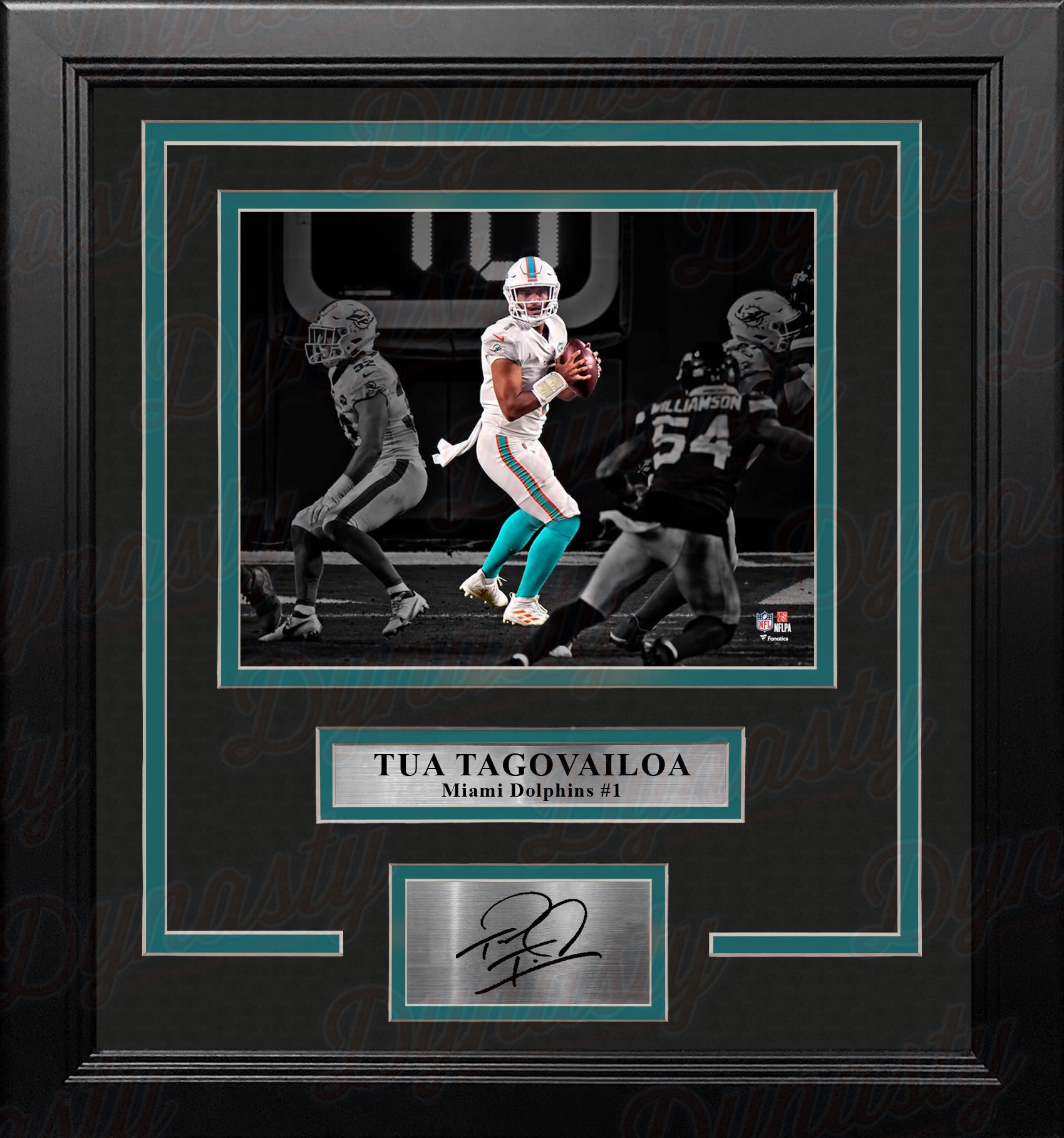 Tua Tagovailoa in Action Miami Dolphins 8x10 Framed Blackout Football Photo with Engraved Autograph - Dynasty Sports & Framing 