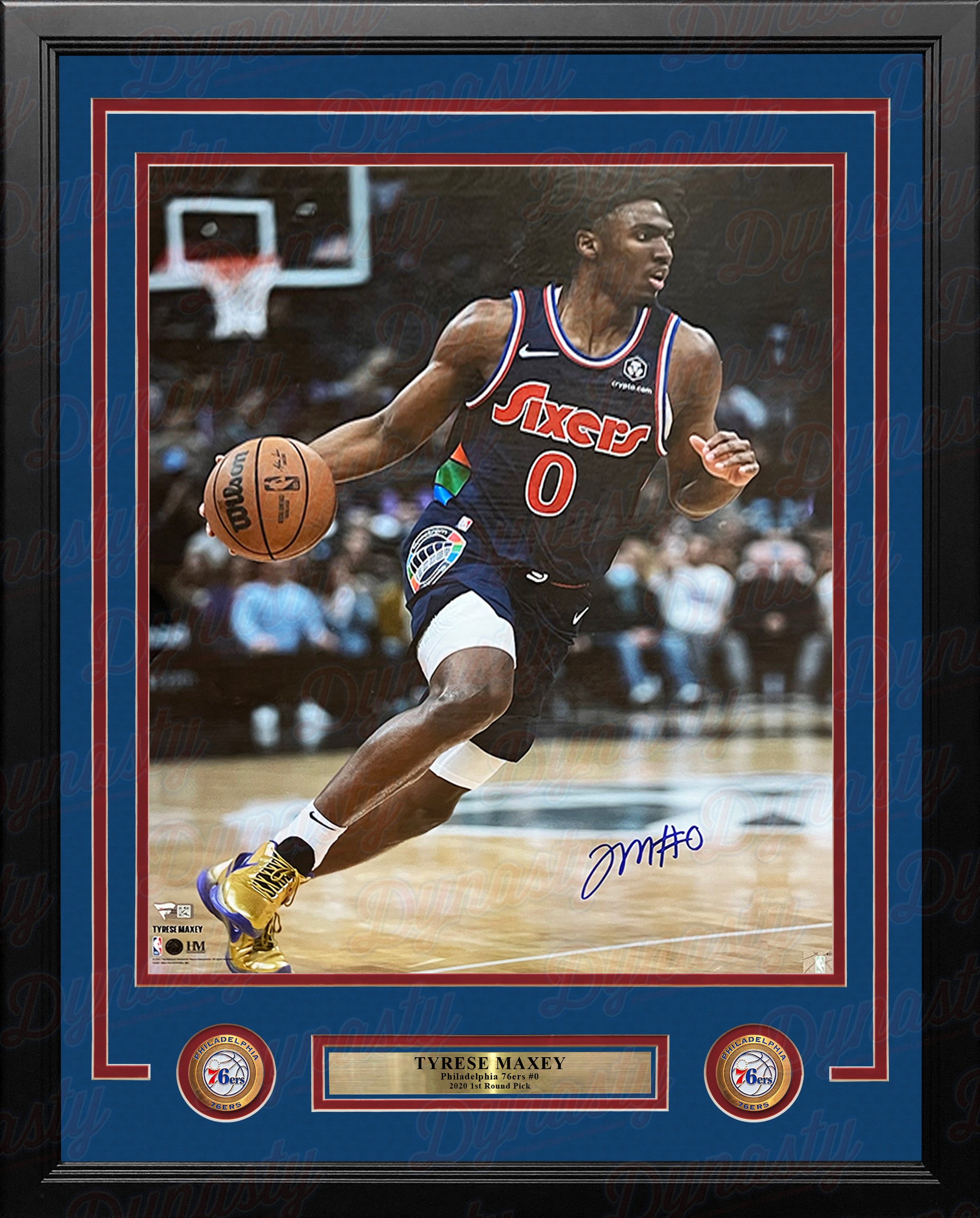 Tyrese Maxey City Edition Action Philadelphia 76ers Autographed Framed Basketball Photo - Dynasty Sports & Framing 