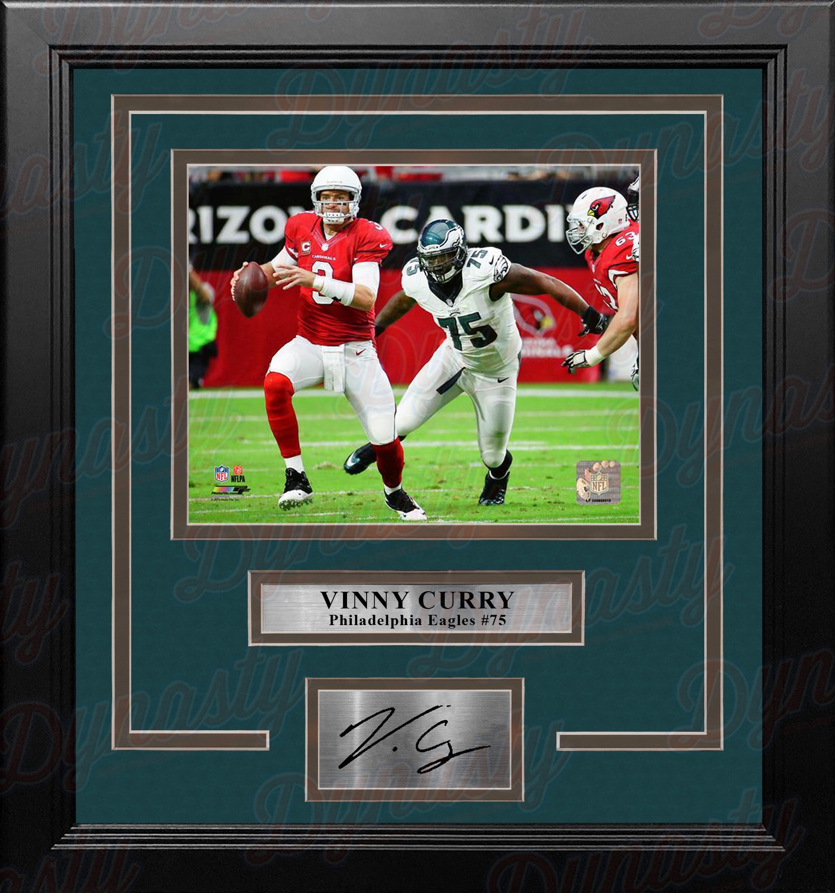 Vinny Curry in Action Philadelphia Eagles Framed Football Photo with Engraved Autograph - Dynasty Sports & Framing 
