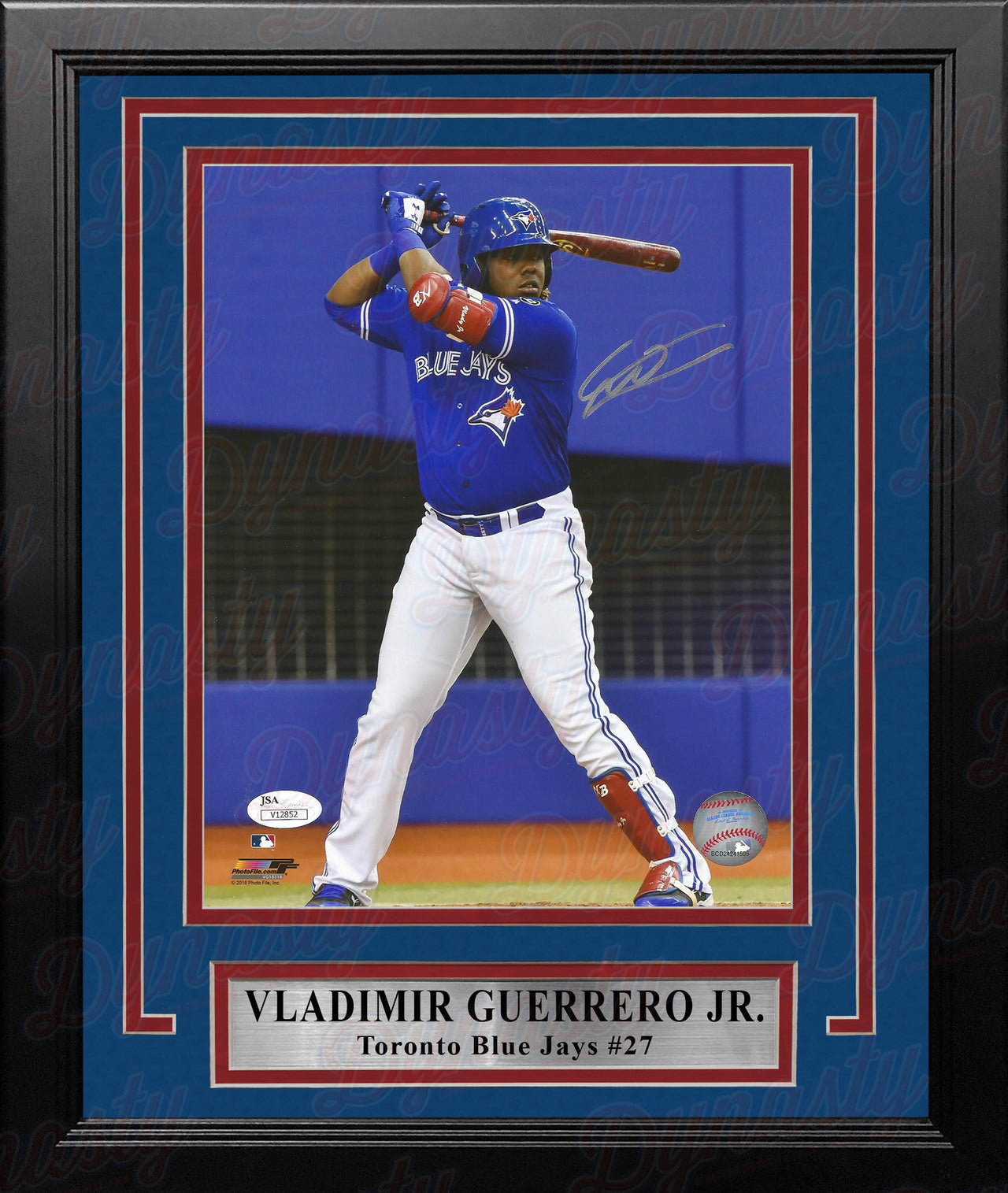 Vladimir Guerrero, Jr. At-Bat Toronto Blue Jays Autographed Framed Baseball Photo - Dynasty Sports & Framing 