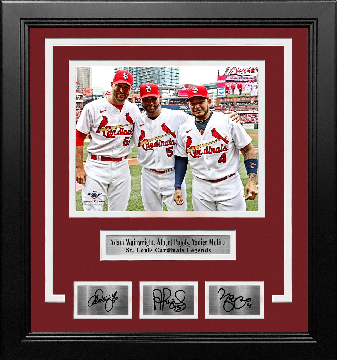 Adam Wainwright, Albert Pujols, & Yadier Molina Cardinals 8x10 Framed Photo with Engraved Autographs - Dynasty Sports & Framing 