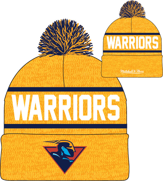 Golden State Warriors Mitchell & Ness Yellow Hardwood Classics Reload 2.0 Cuffed Knit Hat with Pom - Dynasty Sports & Framing
