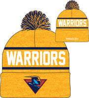 Golden State Warriors Mitchell & Ness Yellow Hardwood Classics Reload 2.0 Cuffed Knit Hat with Pom - Dynasty Sports & Framing 