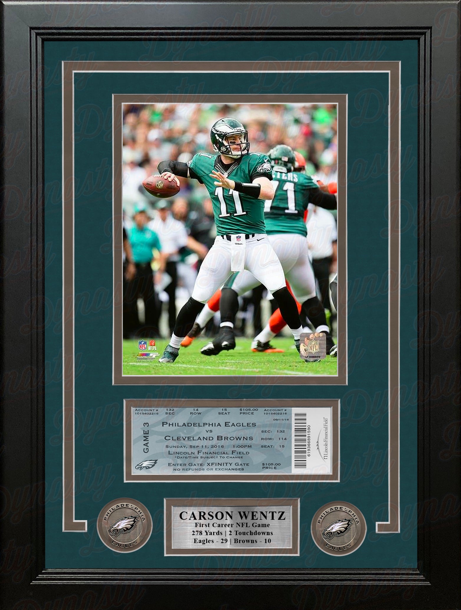 Carson Wentz First Career Win Philadelphia Eagles Framed Photo with Replica 1st Win Game Ticket - Dynasty Sports & Framing 