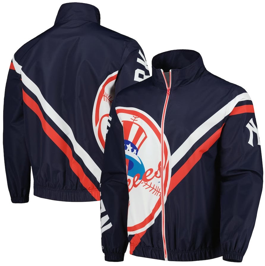 New York Yankees Mitchell & Ness Exploded Logo Navy Warm Up Full-Zip Jacket - Dynasty Sports & Framing 