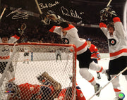 LCB Line (Bob Clarke/Bill Barber/Reggie Leach) Goal Philadelphia Flyers Autographed 16x20 Photo - Dynasty Sports & Framing 
